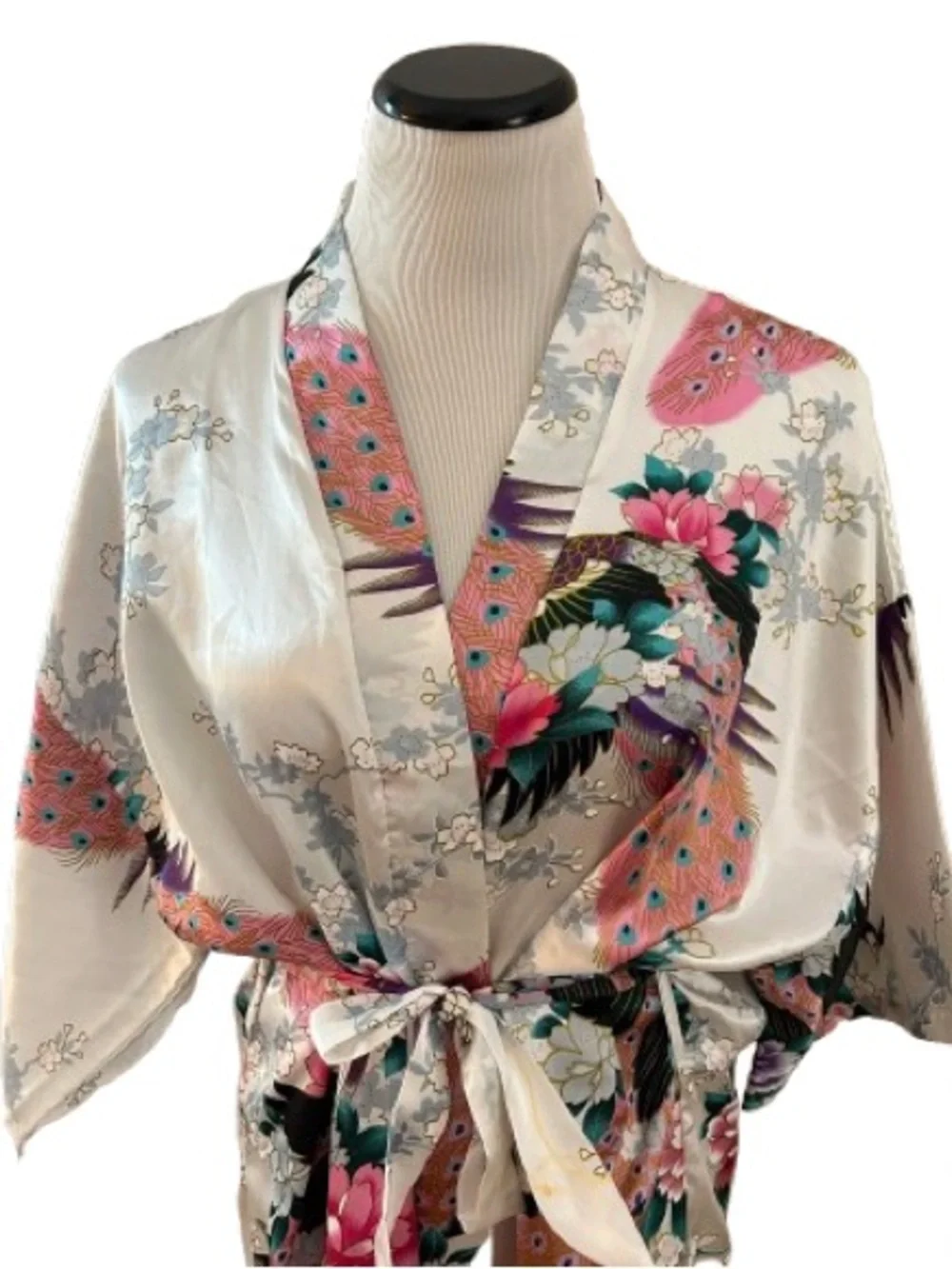 Women’s White and Pink Floral Peacock Kimono Robe Size OS